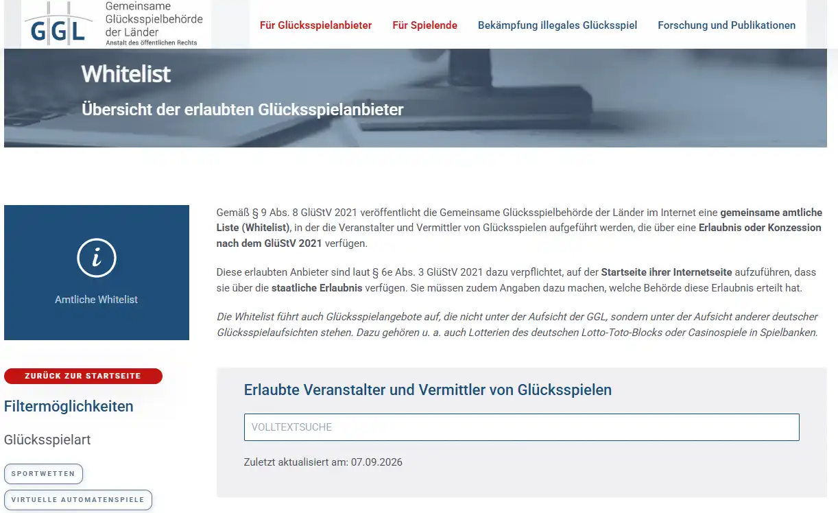 Amtliche GGL-Whitelist bei der Prüfung nach Playjonny, Terdersoft und playjonny.com ohne verifizierten Treffer