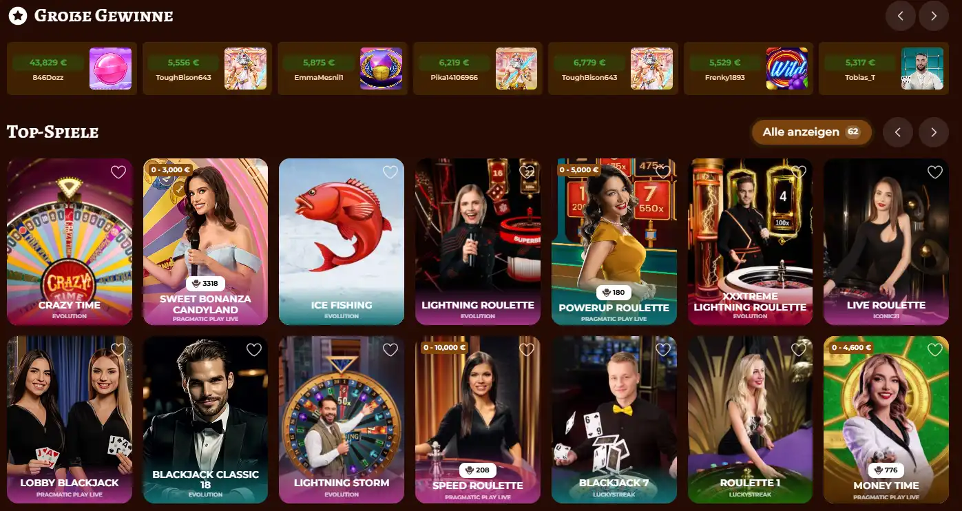 Offizieller Playjonny Live-Casino-Bereich mit sichtbaren Live-Tischkategorien