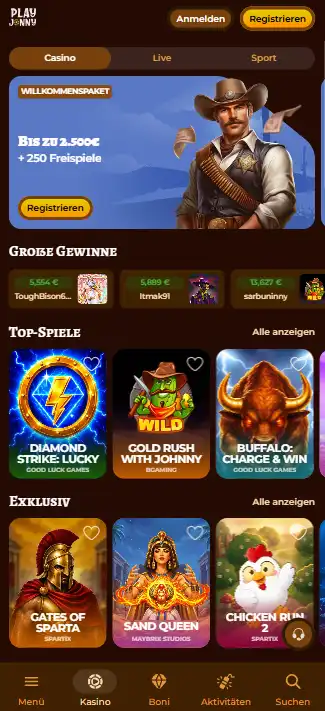 Aktuelle mobile Playjonny Website beziehungsweise PWA-Ansicht auf einem Smartphone
