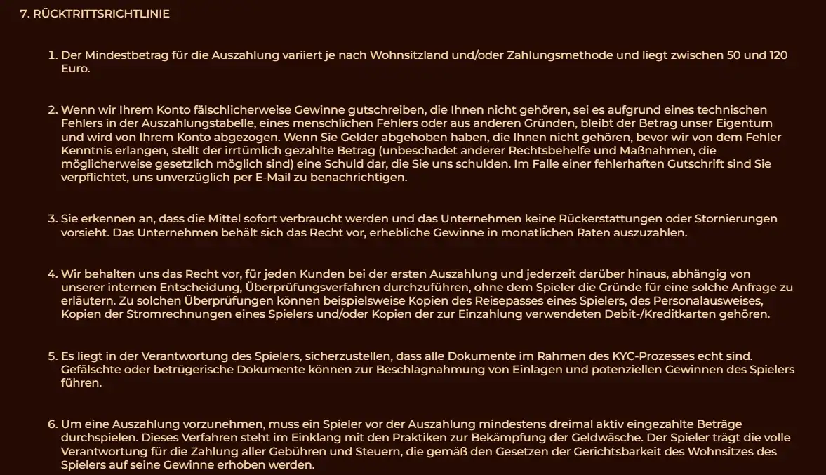 Offizieller Playjonny Terms Abschnitt zur Withdrawal Policy mit Mindestbetrag und Bearbeitungsfenster