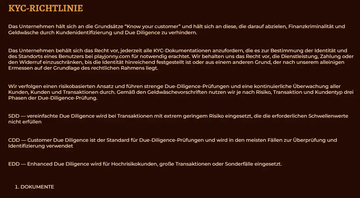 Offizielle Playjonny KYC Policy mit Dokumentkategorien und 24 Stunden Review Schritt