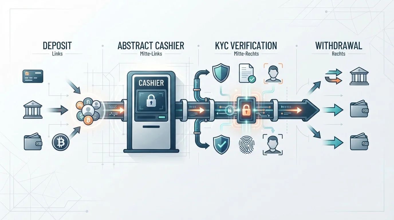 Neutrale Darstellung eines Euro-Zahlungsflusses von Einzahlung über Cashier und KYC bis zur Auszahlung