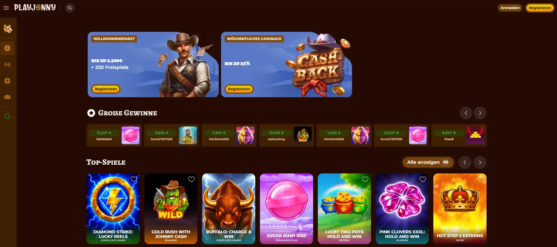 Offizielle deutsche Playjonny Startseite mit Marken- und Produktnavigation