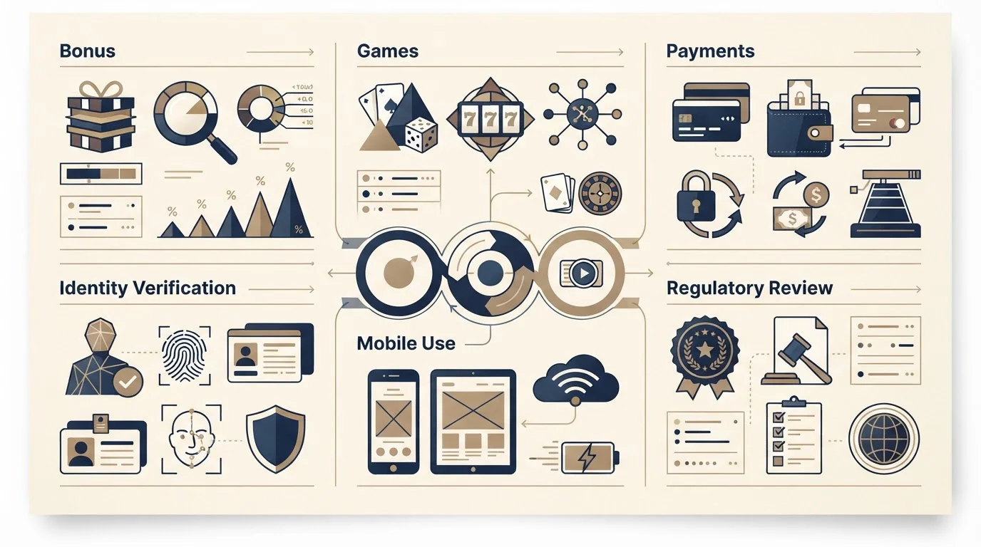Neutrale redaktionelle Bewertungsmatrix zu Bonus Spielen Zahlungen KYC Mobile und Lizenz