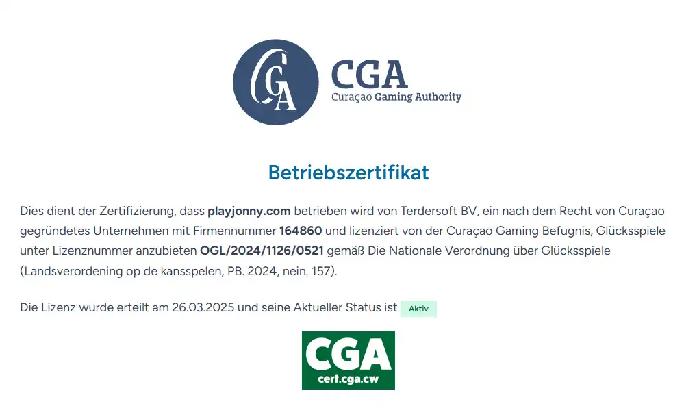 Offizielles Zertifikat der Curaçao Gaming Authority für playjonny.com